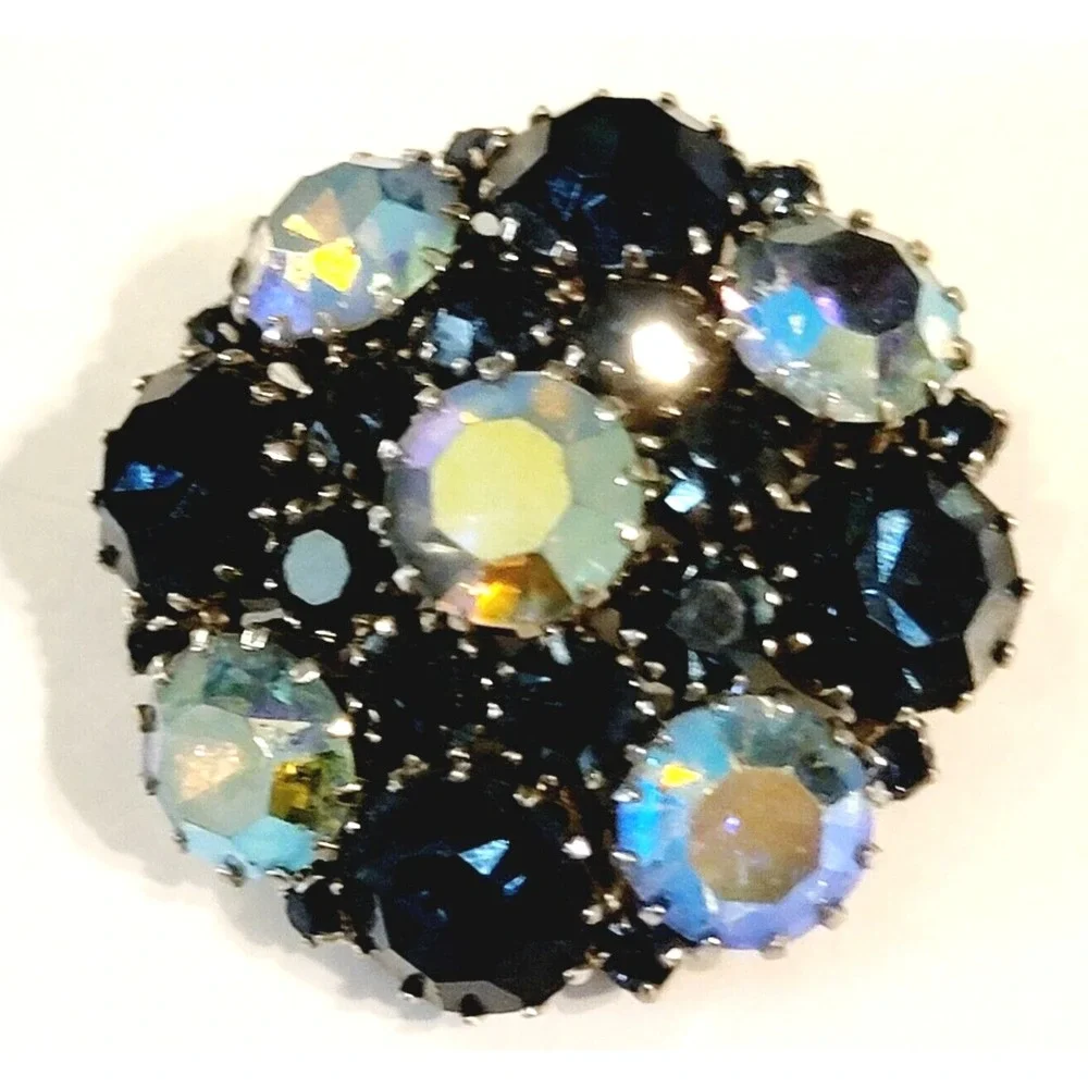 Vintage Blue Brooch Pin Unsigned Schreiner Rhinestone Domed Layered Mid-century